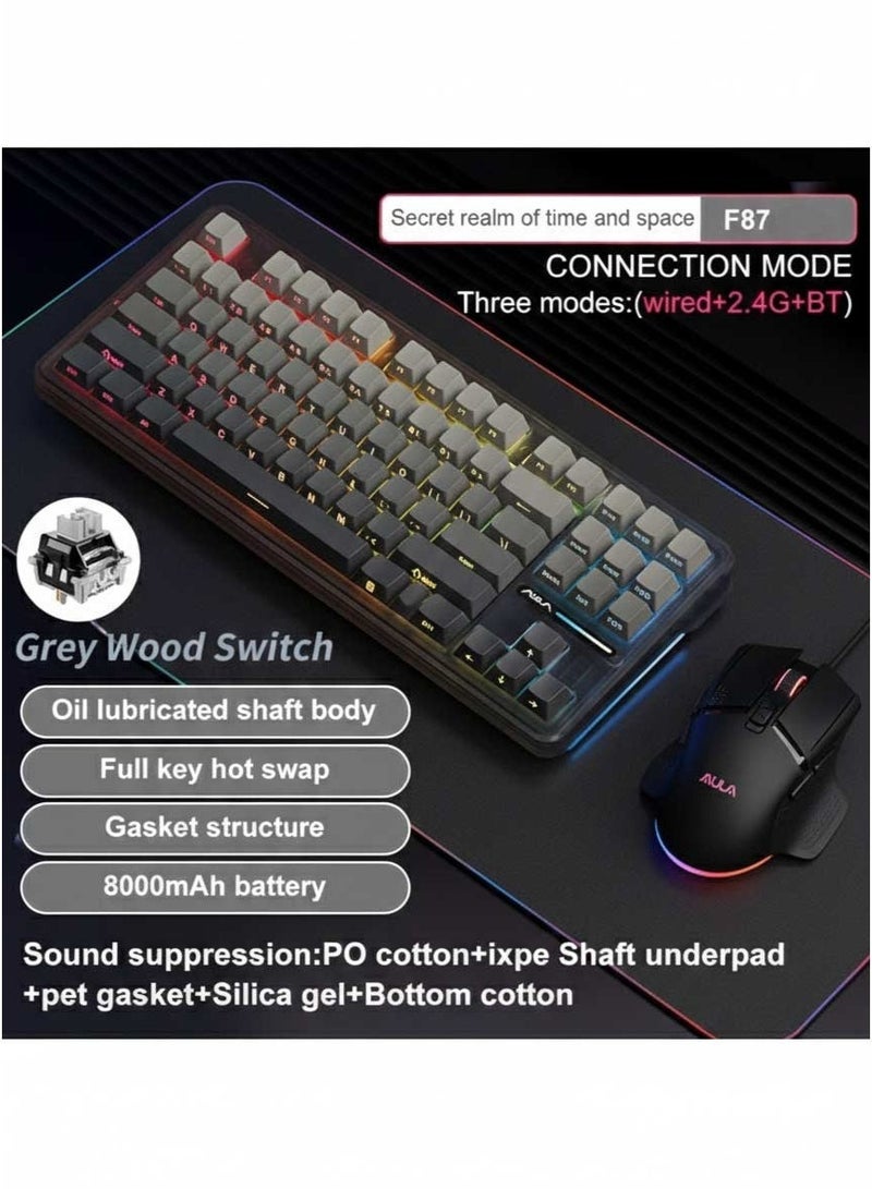 AULA F87 Mechanical Keyboard, Tri-mode Wireless Side-printed Keycaps, Bluetooth 5.0/2.4GHz/USB-C Hot-swappable, Pre-lubricated Switches, 75% TKL RGB Gaming Keyboard (Gradient Gray, Gray wood switch V4) - Image 2